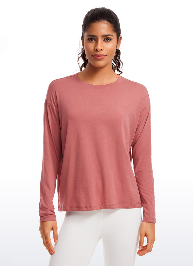 CRZ YOGA Women's Casual Loose Fit Pima Cotton Long Sleeves Crew Neck Sizzling Pink