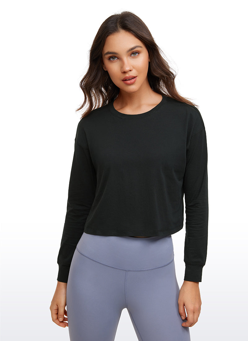 CRZ YOGA Women's Yoga Loose Fit Tops Pima Cotton Cropped Long Sleeve Black