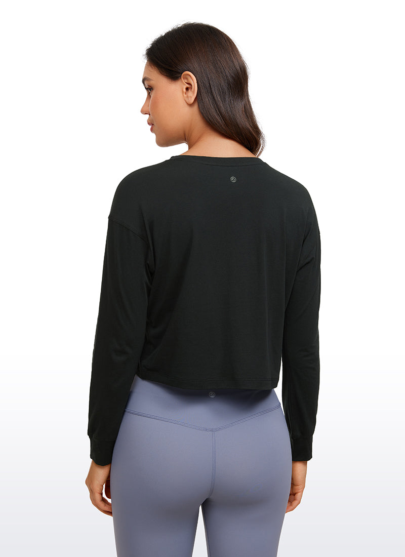 CRZ YOGA Women's Yoga Loose Fit Tops Pima Cotton Cropped Long Sleeve Black