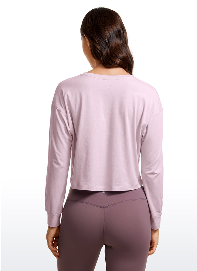 CRZ YOGA Women's Yoga Loose Fit Tops Pima Cotton Cropped Long Sleeve Pink Peony