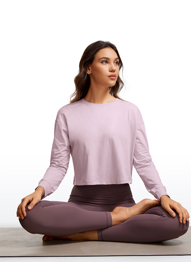 CRZ YOGA Women's Yoga Loose Fit Tops Pima Cotton Cropped Long Sleeve Pink Peony