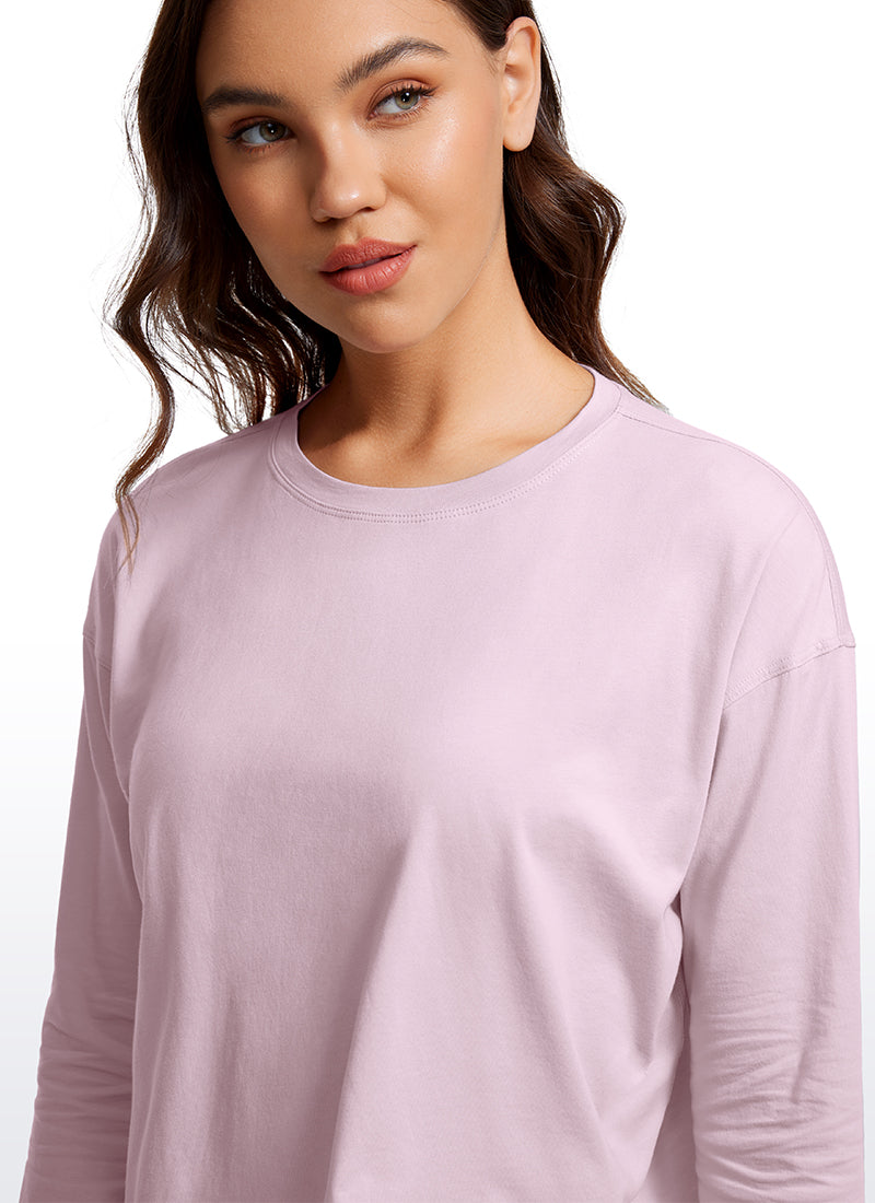 CRZ YOGA Women's Yoga Loose Fit Tops Pima Cotton Cropped Long Sleeve Pink Peony