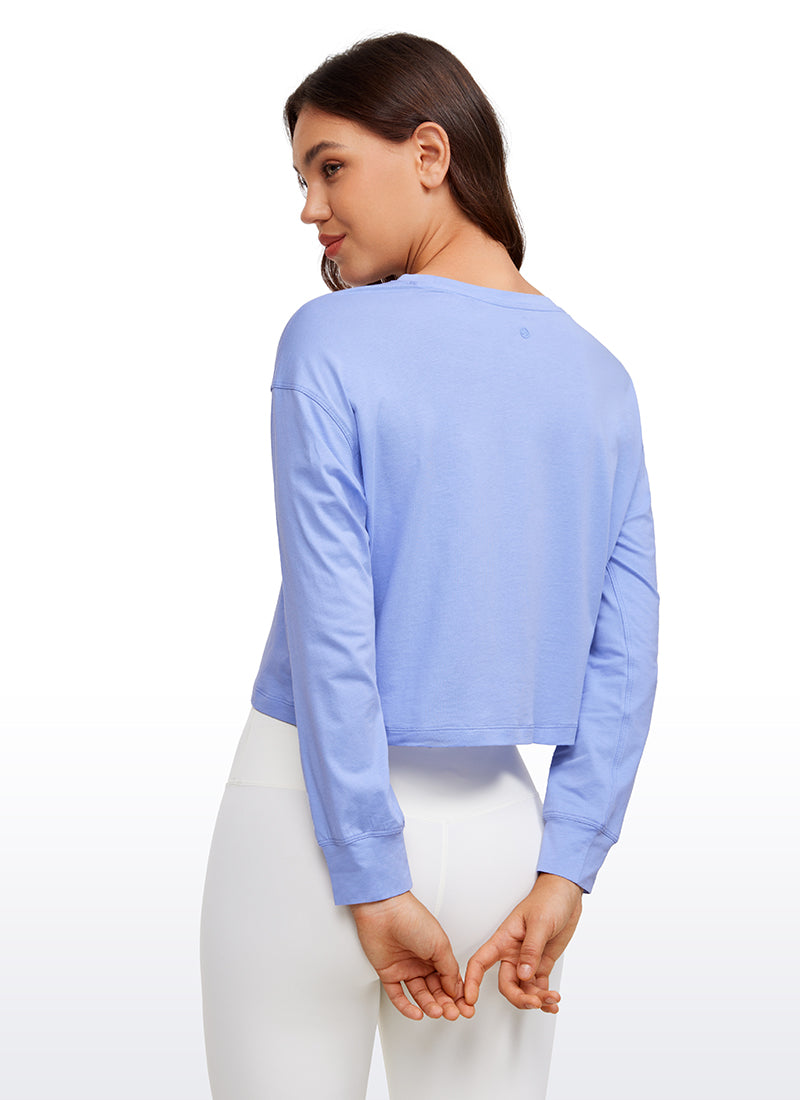 CRZ YOGA Women's Yoga Loose Fit Tops Pima Cotton Cropped Long Sleeve Periwinkle Purple
