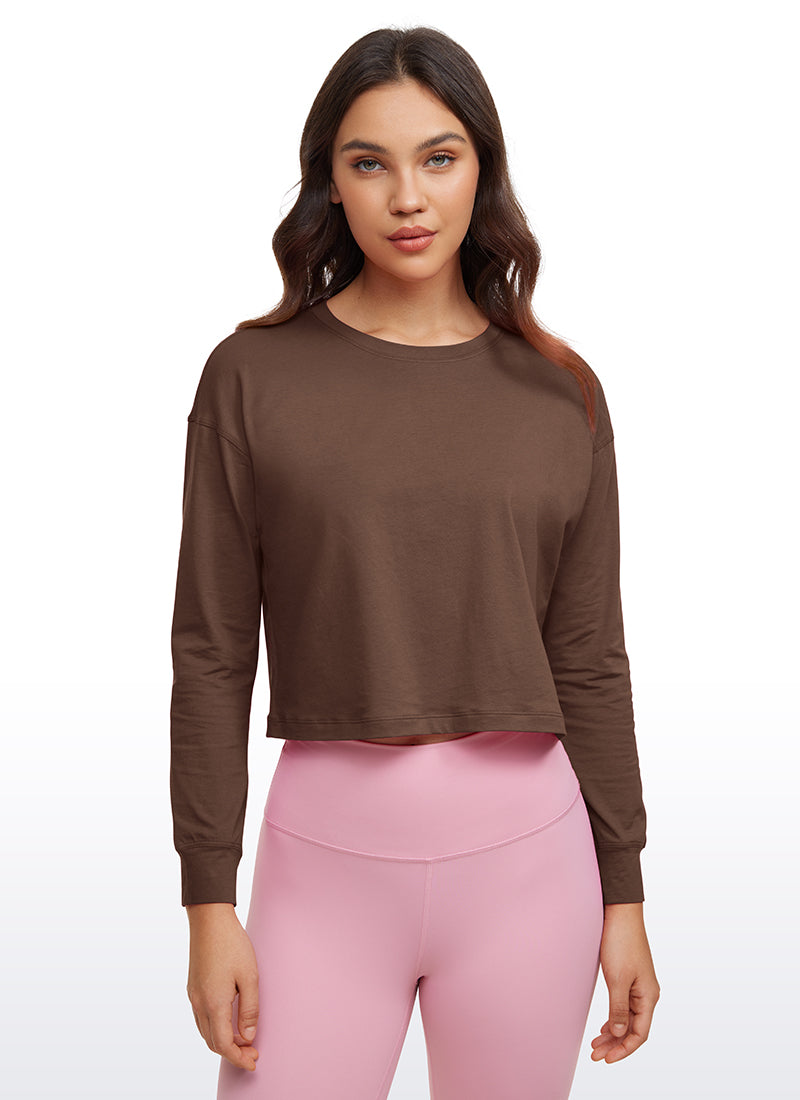 CRZ YOGA Women's Yoga Loose Fit Tops Pima Cotton Cropped Long Sleeve Coffee Brown