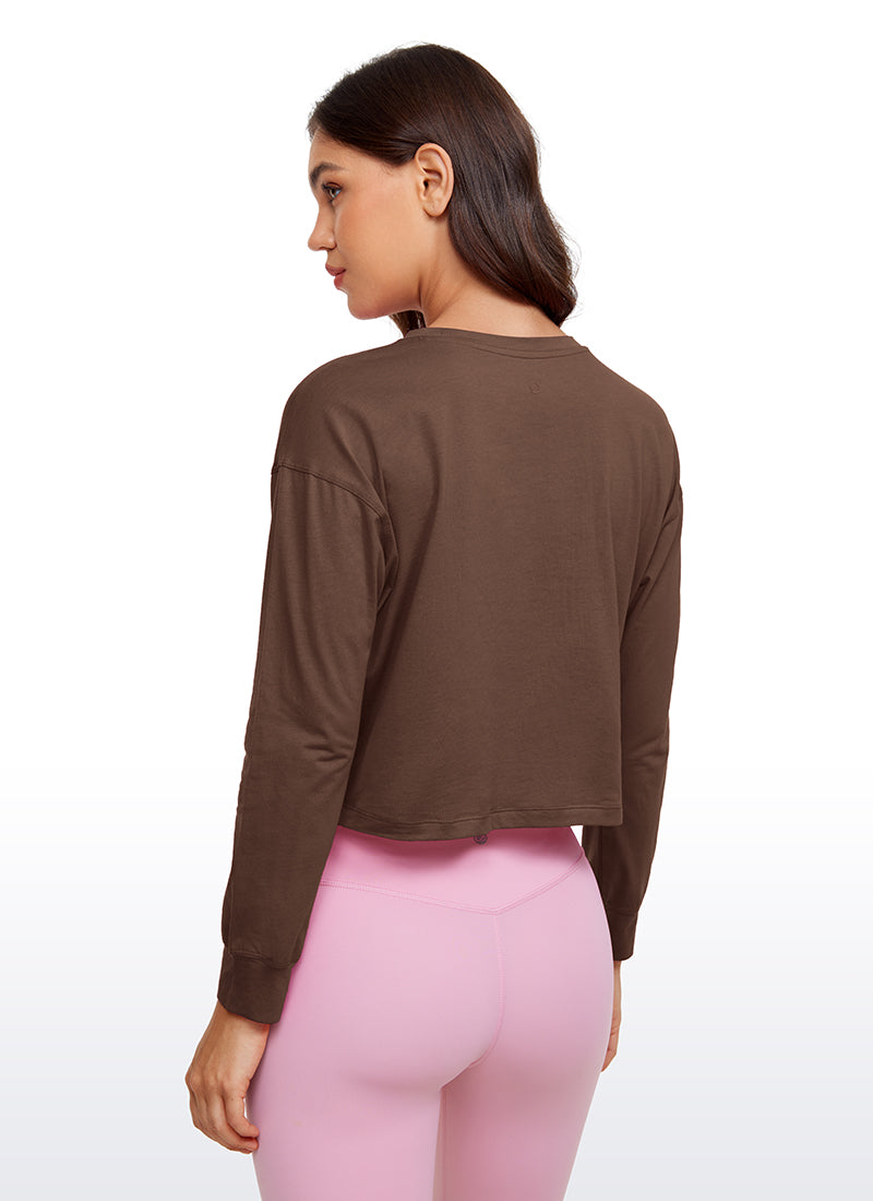 CRZ YOGA Women's Yoga Loose Fit Tops Pima Cotton Cropped Long Sleeve Coffee Brown