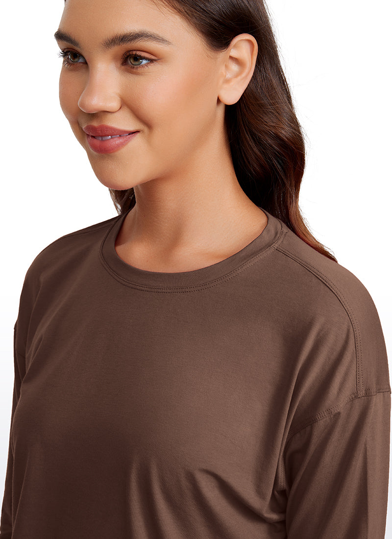 CRZ YOGA Women's Yoga Loose Fit Tops Pima Cotton Cropped Long Sleeve Coffee Brown
