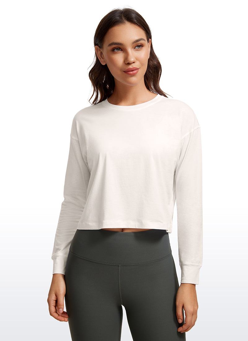 CRZ YOGA Women's Yoga Loose Fit Tops Pima Cotton Cropped Long Sleeve Milky White