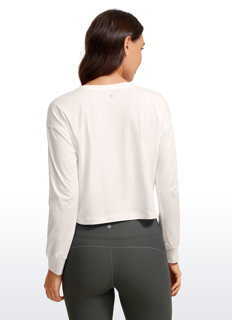 CRZ YOGA Women's Yoga Loose Fit Tops Pima Cotton Cropped Long Sleeve Milky White