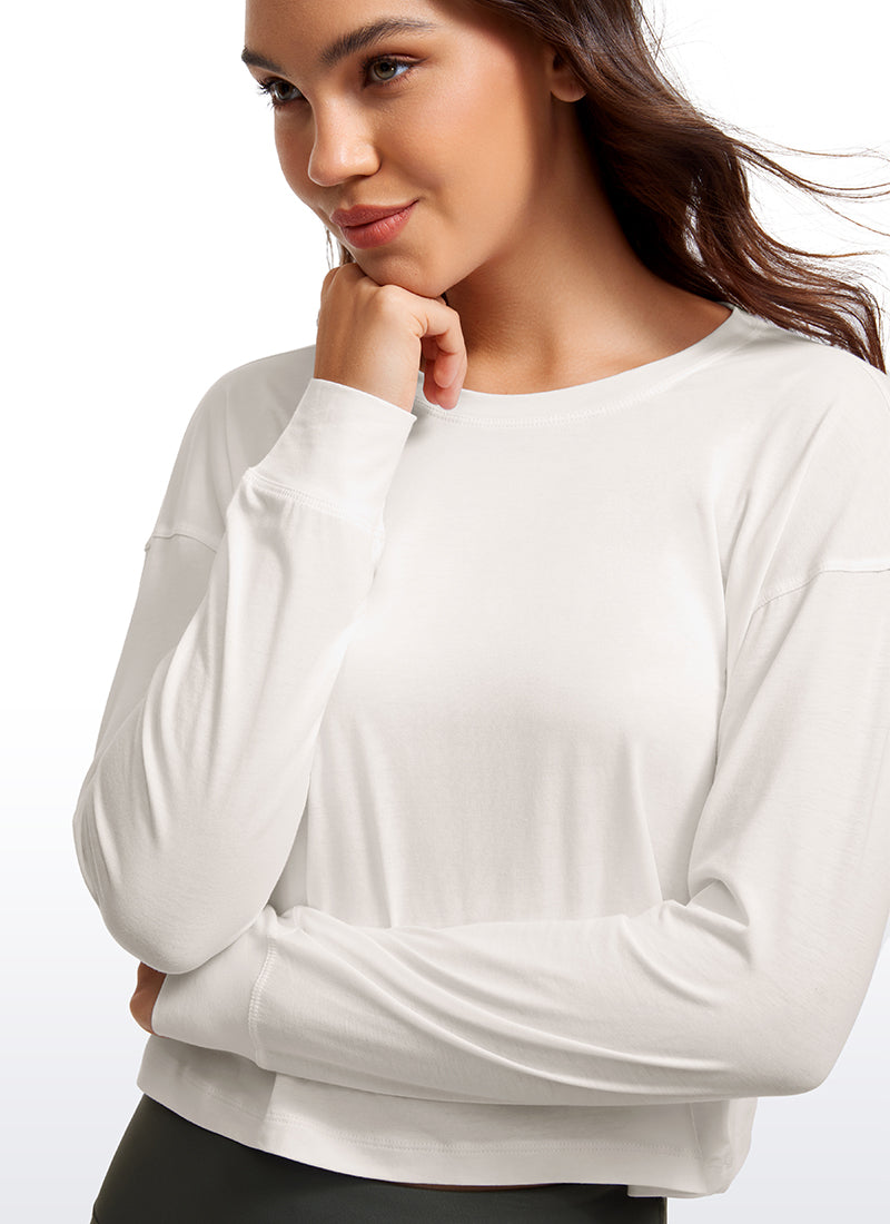 CRZ YOGA Women's Yoga Loose Fit Tops Pima Cotton Cropped Long Sleeve Milky White