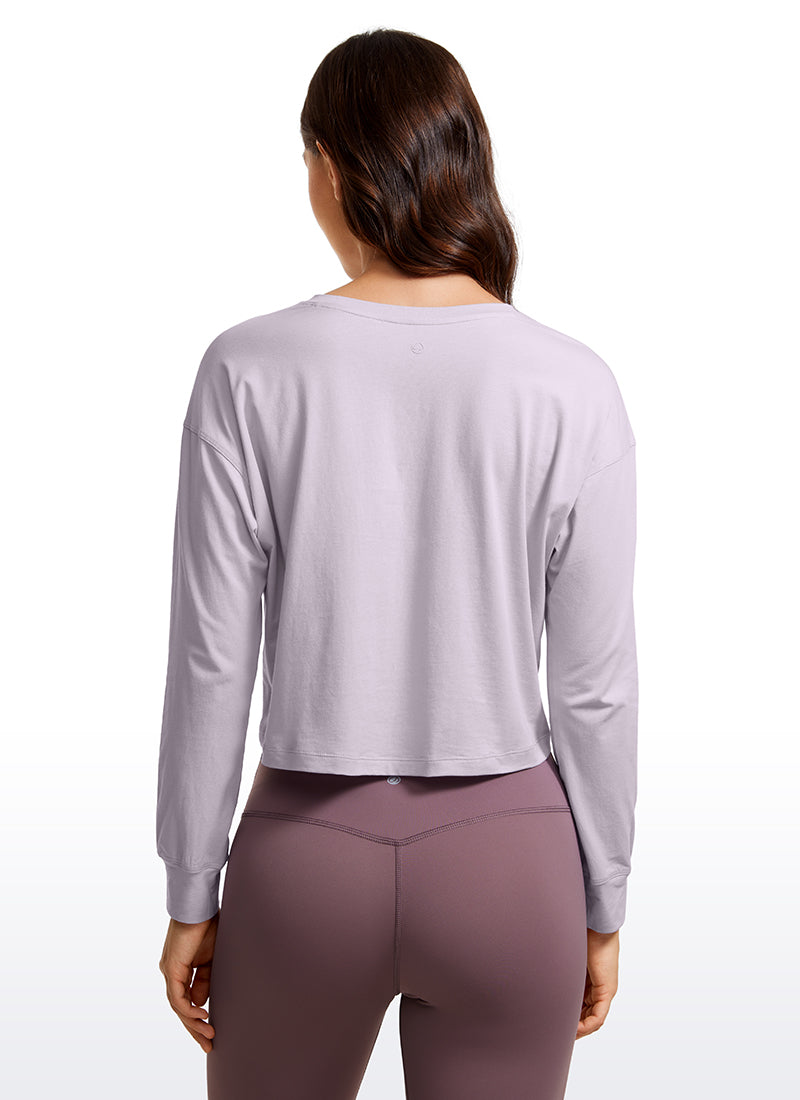 CRZ YOGA Women's Yoga Loose Fit Tops Pima Cotton Cropped Long Sleeve Tinsel Purple