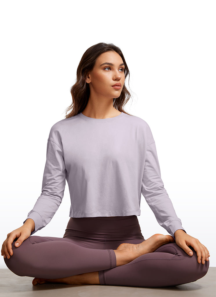 CRZ YOGA Women's Yoga Loose Fit Tops Pima Cotton Cropped Long Sleeve Tinsel Purple
