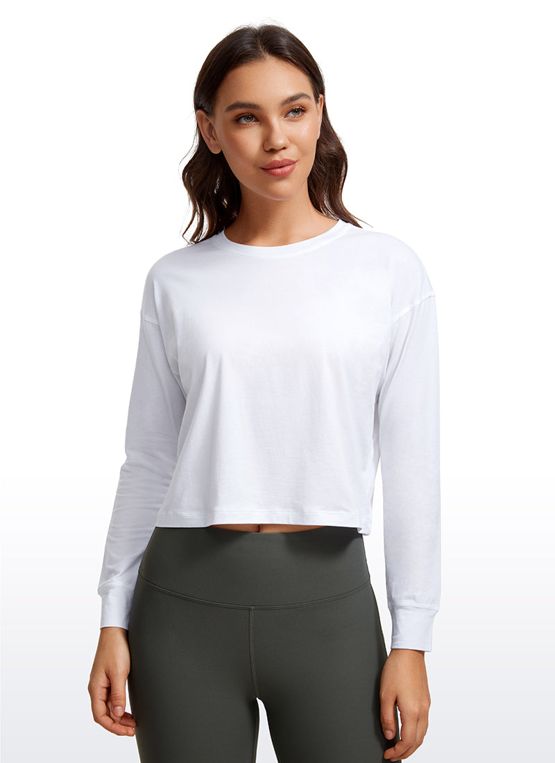 CRZ YOGA Women's Yoga Loose Fit Tops Pima Cotton Cropped Long Sleeve White