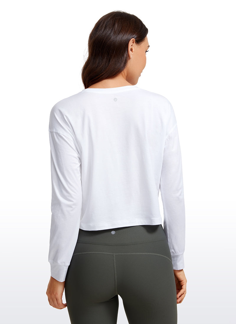 CRZ YOGA Women's Yoga Loose Fit Tops Pima Cotton Cropped Long Sleeve White