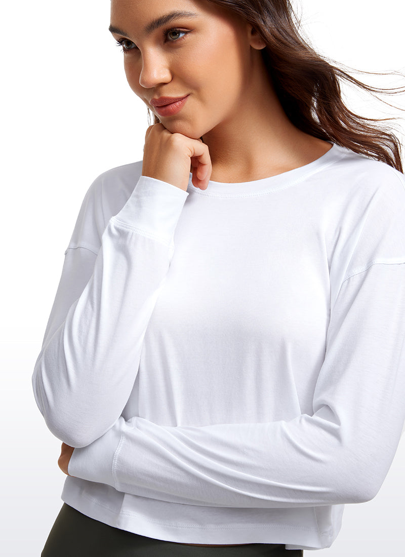 CRZ YOGA Women's Yoga Loose Fit Tops Pima Cotton Cropped Long Sleeve White