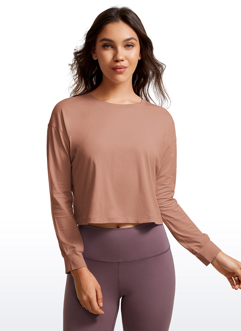 CRZ YOGA Women's Yoga Loose Fit Tops Pima Cotton Cropped Long Sleeve Mocha Mousse
