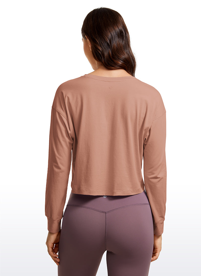 CRZ YOGA Women's Yoga Loose Fit Tops Pima Cotton Cropped Long Sleeve Mocha Mousse