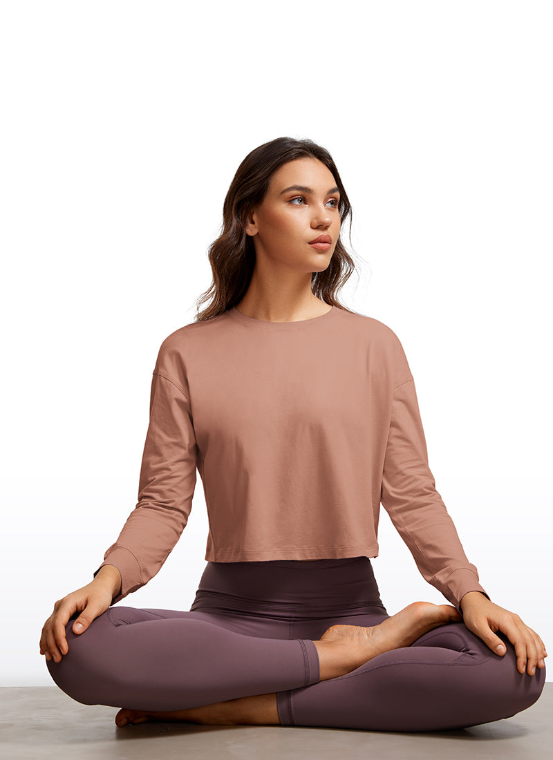 CRZ YOGA Women's Yoga Loose Fit Tops Pima Cotton Cropped Long Sleeve Mocha Mousse