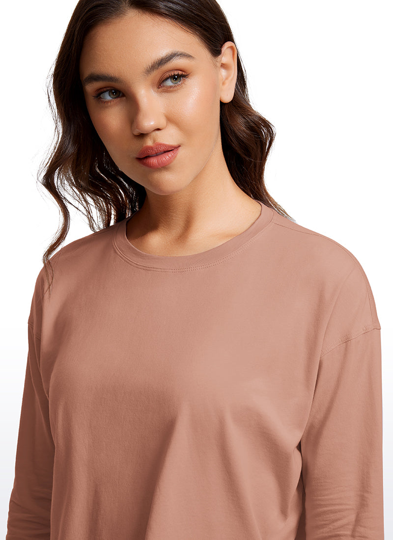 CRZ YOGA Women's Yoga Loose Fit Tops Pima Cotton Cropped Long Sleeve Mocha Mousse