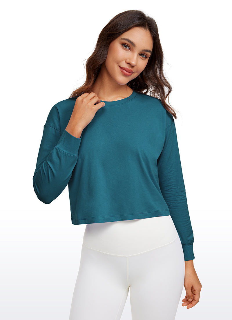 CRZ YOGA Women's Yoga Loose Fit Tops Pima Cotton Cropped Long Sleeve Green Jade