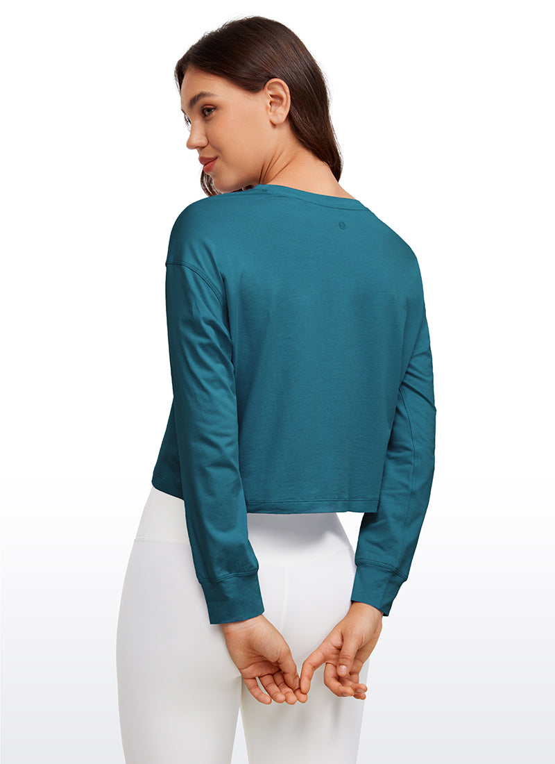 CRZ YOGA Women's Yoga Loose Fit Tops Pima Cotton Cropped Long Sleeve Green Jade