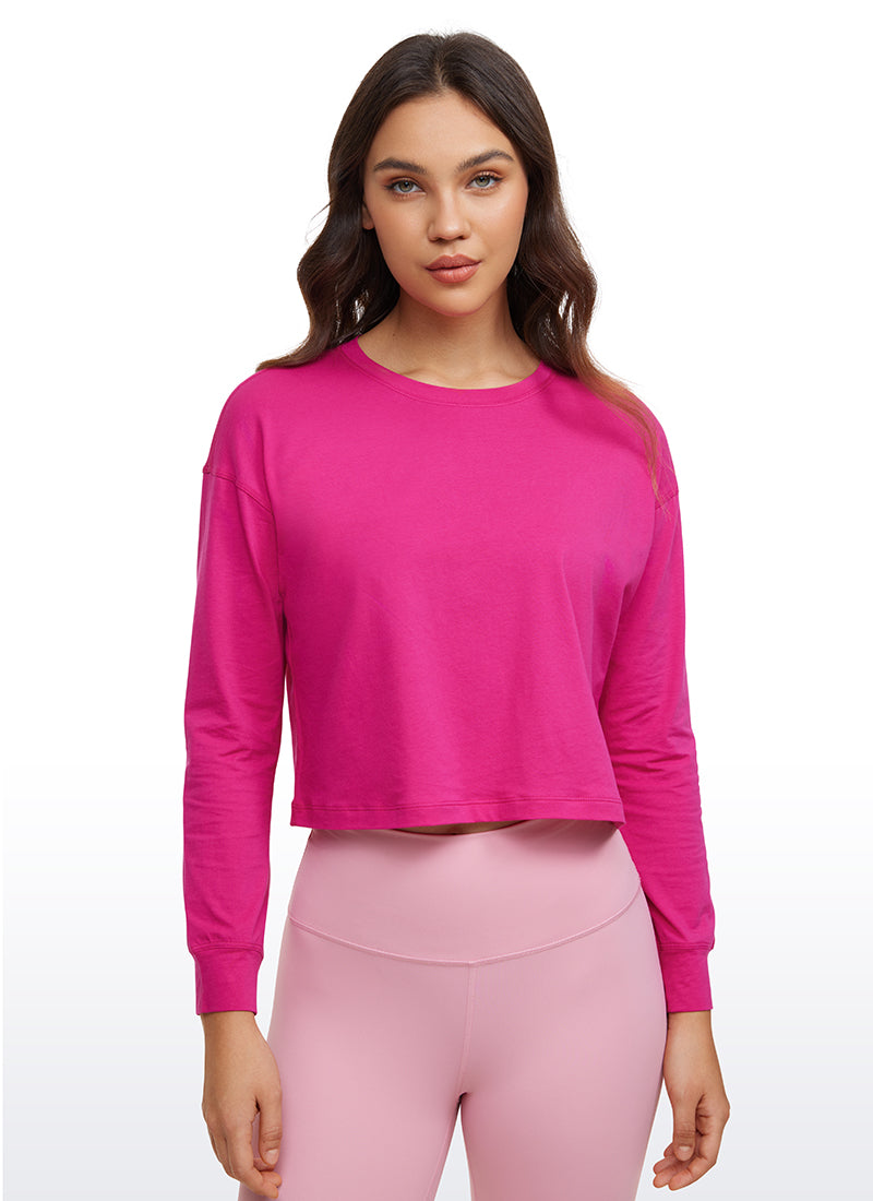 CRZ YOGA Women's Yoga Loose Fit Tops Pima Cotton Cropped Long Sleeve Granita Pink