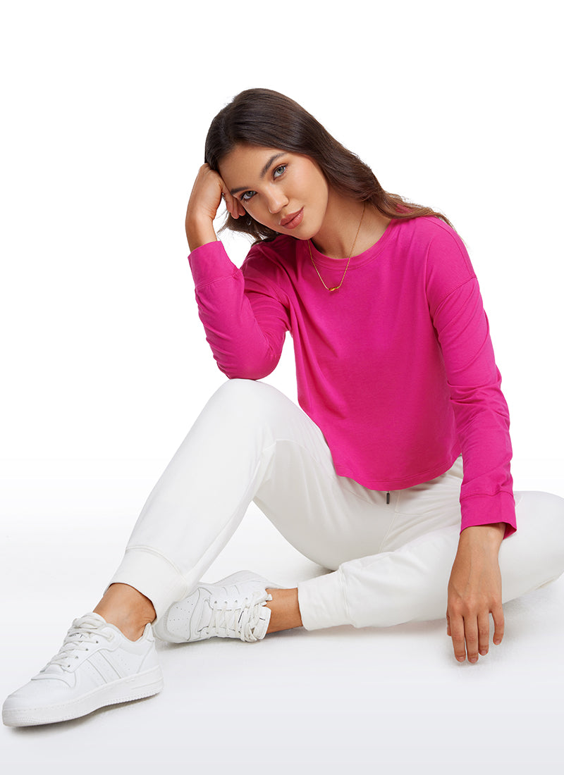 CRZ YOGA Women's Yoga Loose Fit Tops Pima Cotton Cropped Long Sleeve Granita Pink