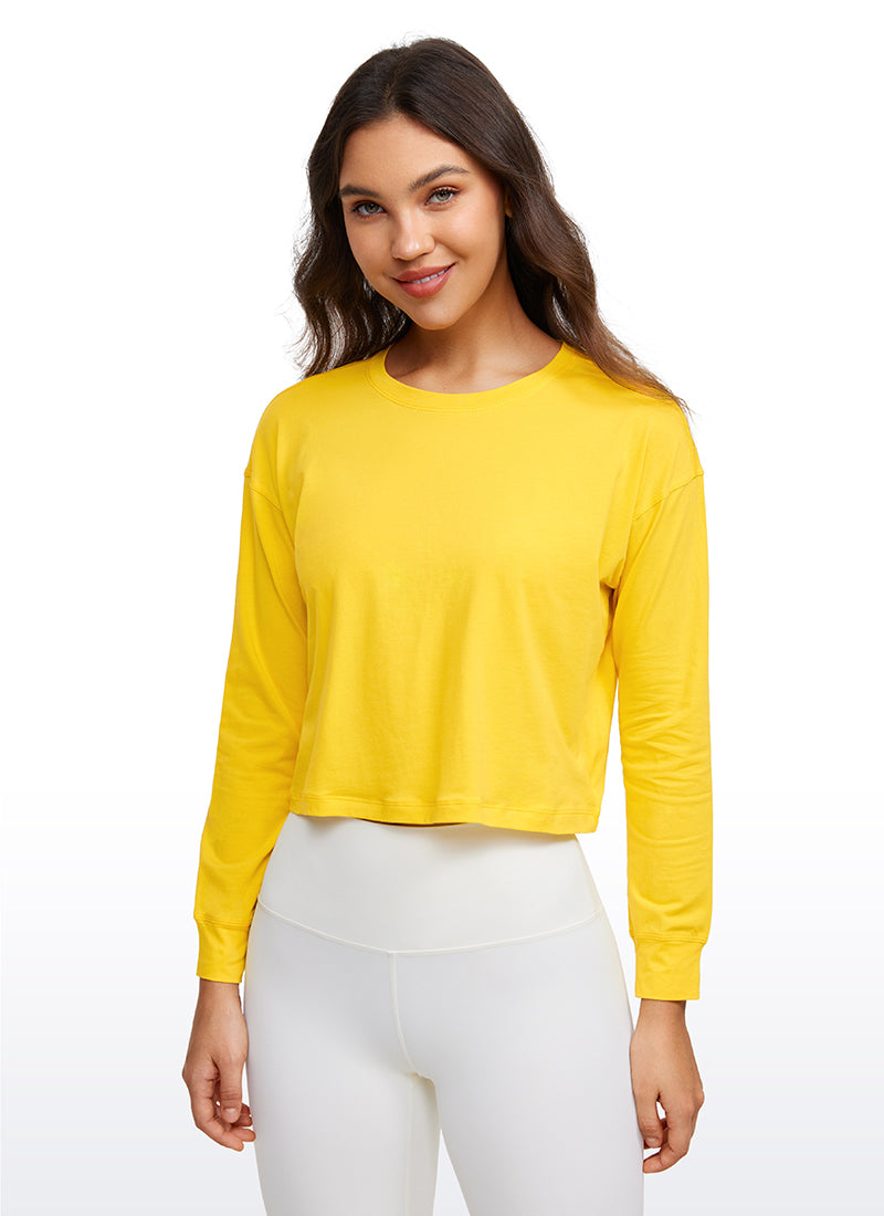 CRZ YOGA Women's Yoga Loose Fit Tops Pima Cotton Cropped Long Sleeve High Visibility Yellow