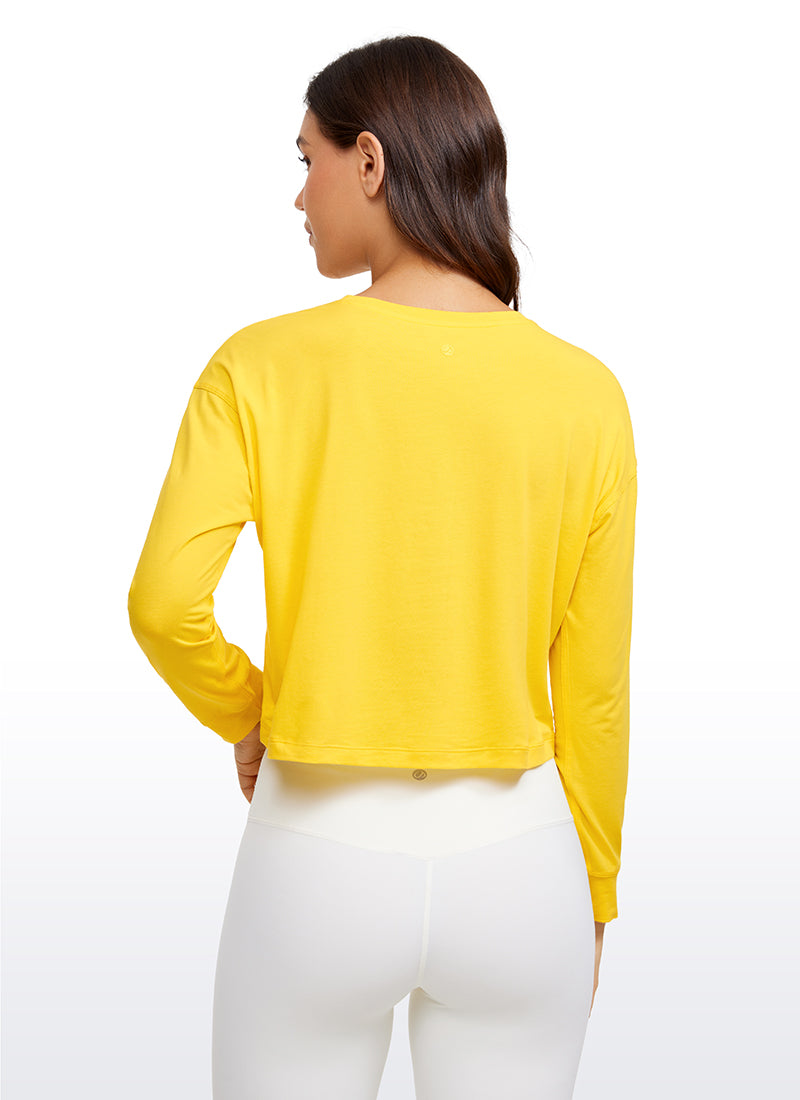 CRZ YOGA Women's Yoga Loose Fit Tops Pima Cotton Cropped Long Sleeve High Visibility Yellow