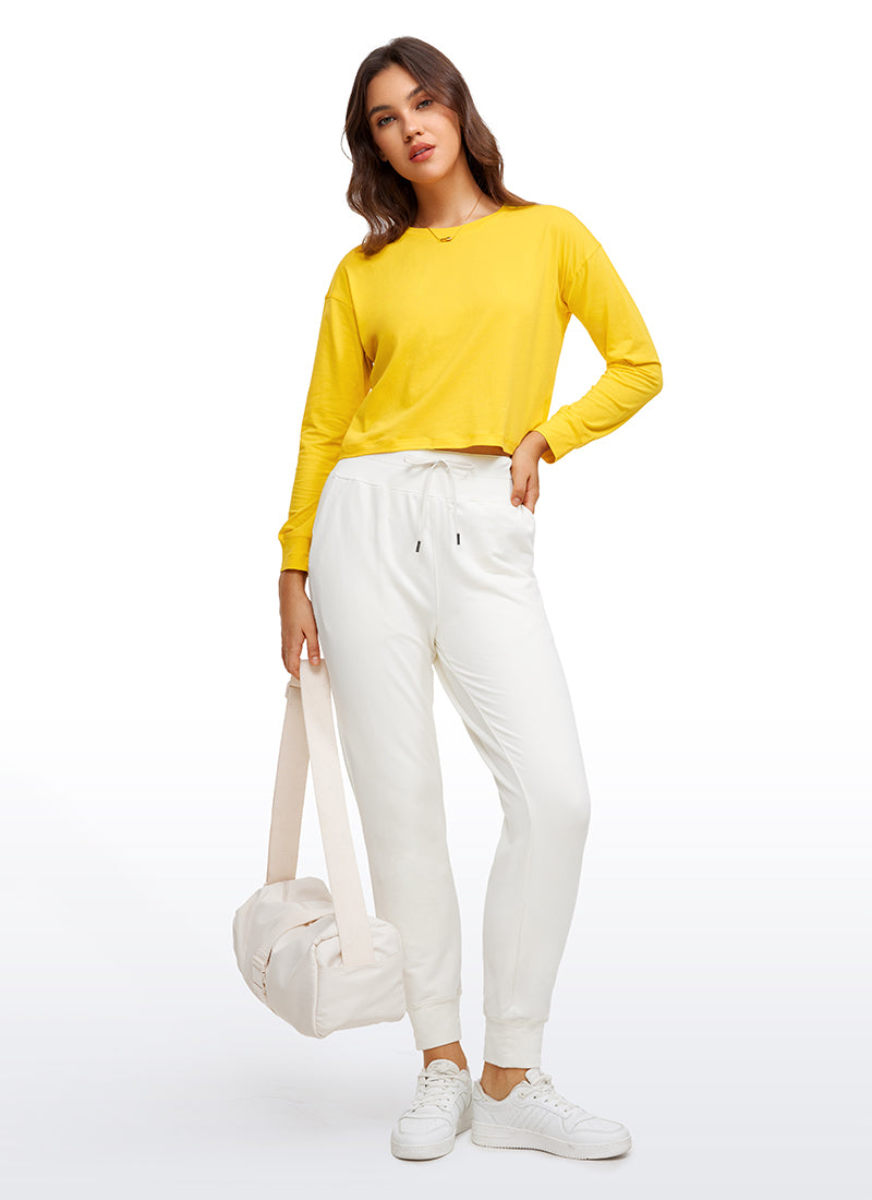 CRZ YOGA Women's Yoga Loose Fit Tops Pima Cotton Cropped Long Sleeve High Visibility Yellow
