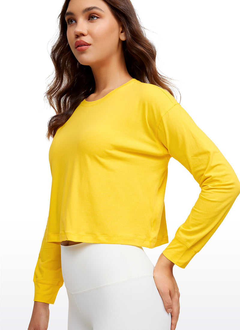 CRZ YOGA Women's Yoga Loose Fit Tops Pima Cotton Cropped Long Sleeve High Visibility Yellow
