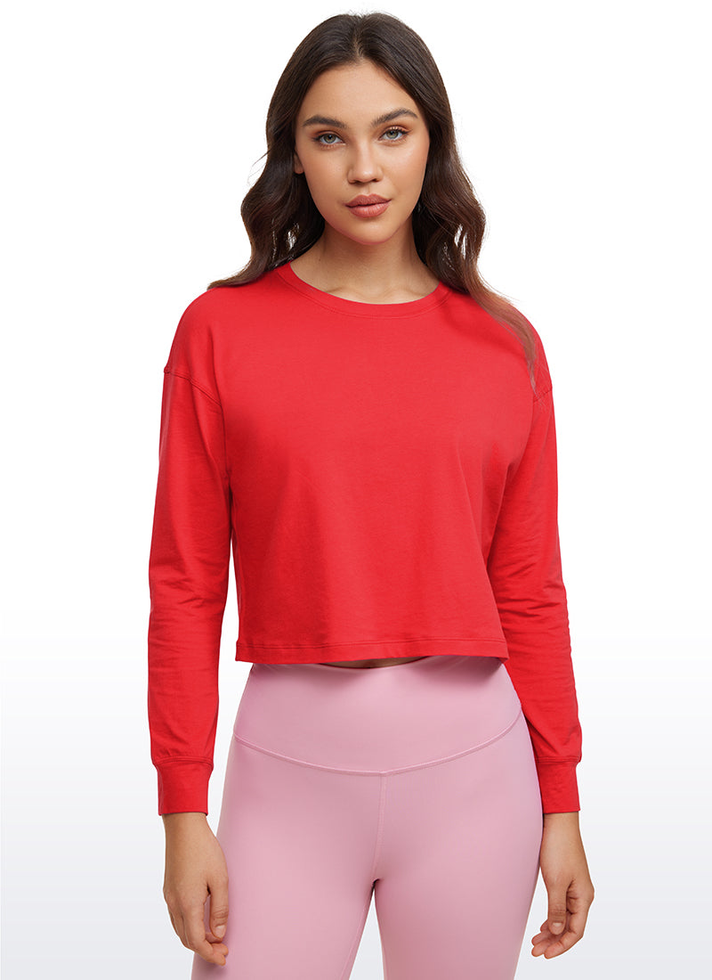 CRZ YOGA Women's Yoga Loose Fit Tops Pima Cotton Cropped Long Sleeve Deep Red