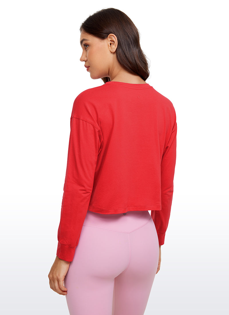 CRZ YOGA Women's Yoga Loose Fit Tops Pima Cotton Cropped Long Sleeve Deep Red