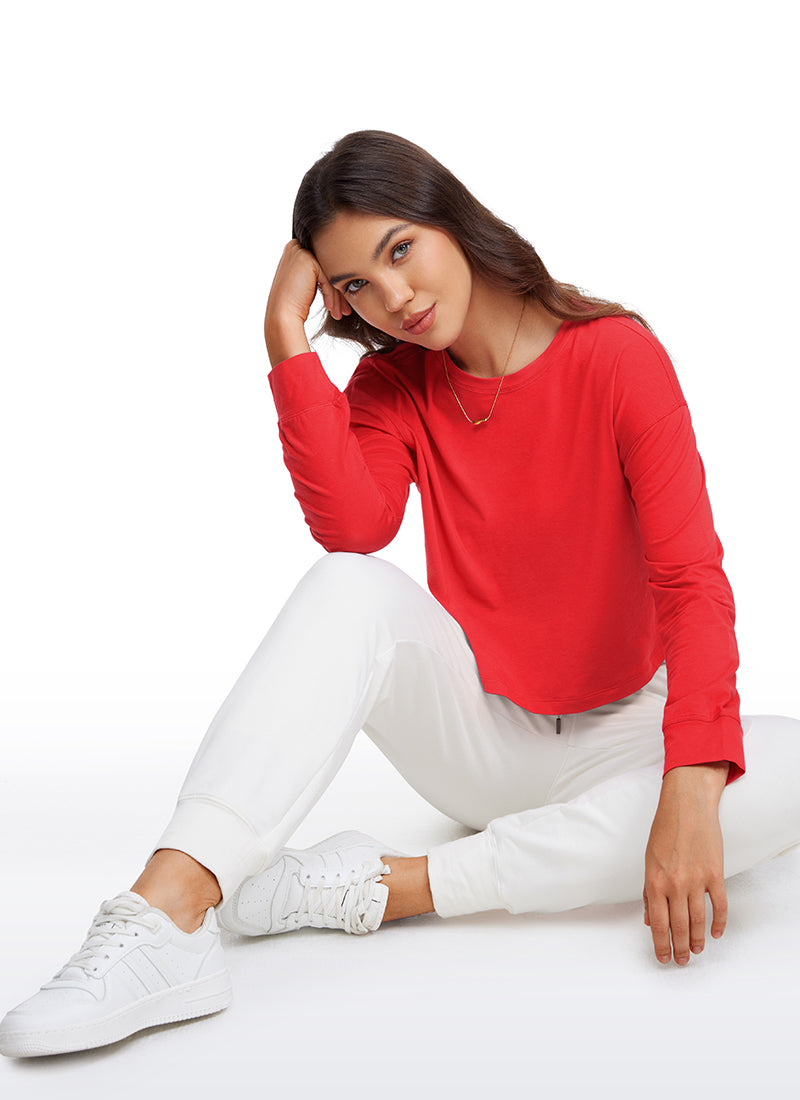 CRZ YOGA Women's Yoga Loose Fit Tops Pima Cotton Cropped Long Sleeve Deep Red