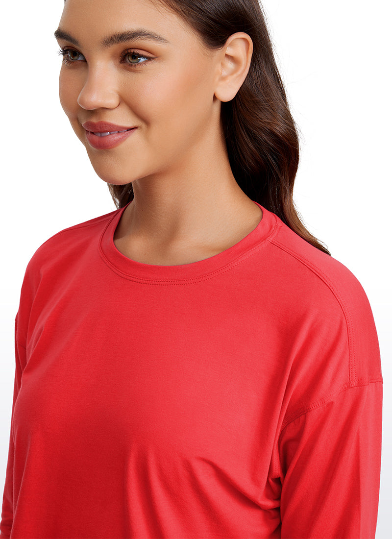 CRZ YOGA Women's Yoga Loose Fit Tops Pima Cotton Cropped Long Sleeve Deep Red