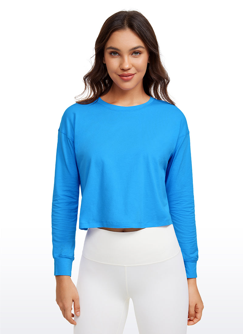 CRZ YOGA Women's Yoga Loose Fit Tops Pima Cotton Cropped Long Sleeve Madagascar Blue