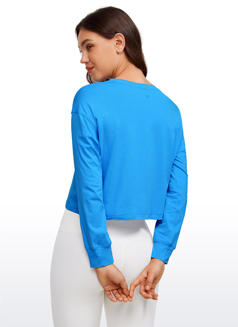 CRZ YOGA Women's Yoga Loose Fit Tops Pima Cotton Cropped Long Sleeve Madagascar Blue