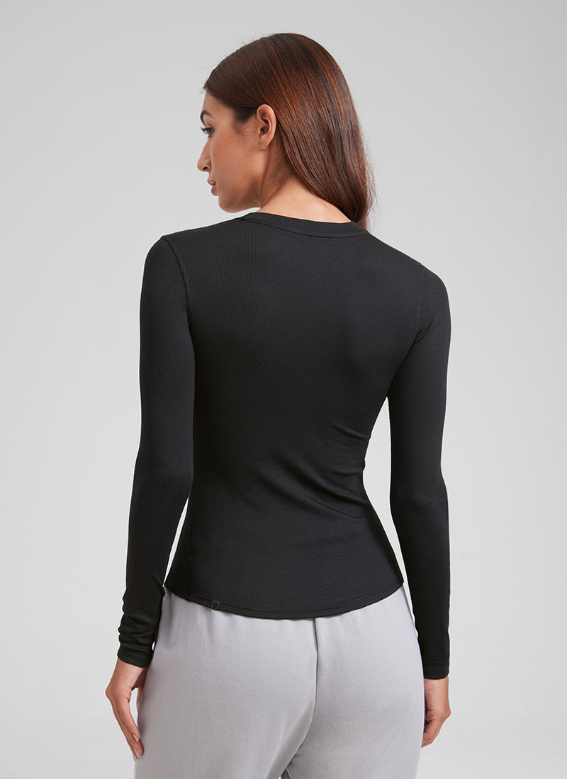 CRZ YOGA Womens Fitted Casual Ribbed Modal Henley Shirts Long Sleeves Black