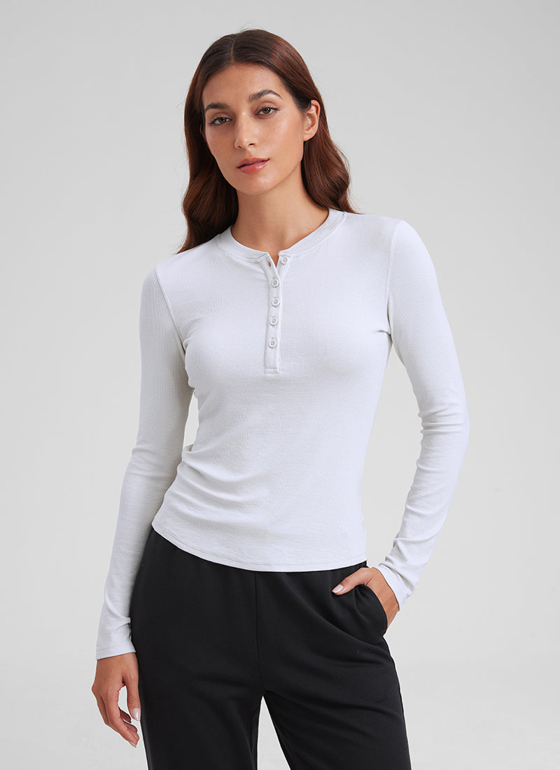 CRZ YOGA Womens Fitted Casual Ribbed Modal Henley Shirts Long Sleeves White