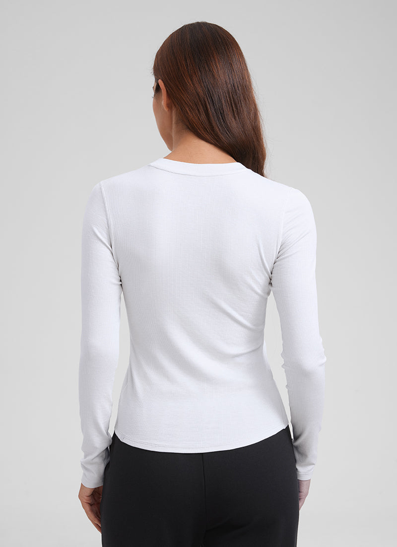 CRZ YOGA Womens Fitted Casual Ribbed Modal Henley Shirts Long Sleeves White