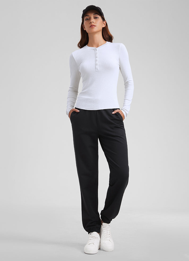 CRZ YOGA Womens Fitted Casual Ribbed Modal Henley Shirts Long Sleeves Black