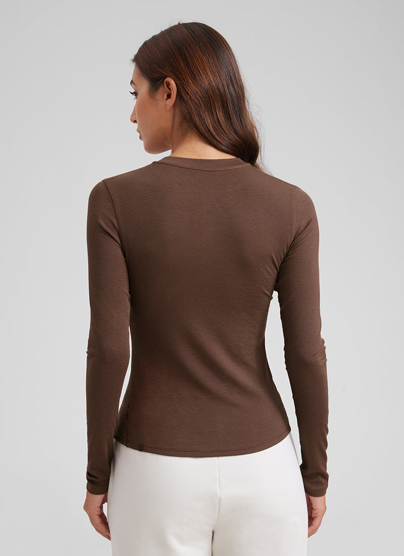 CRZ YOGA Womens Fitted Casual Ribbed Modal Henley Shirts Long Sleeves Coffee Brown