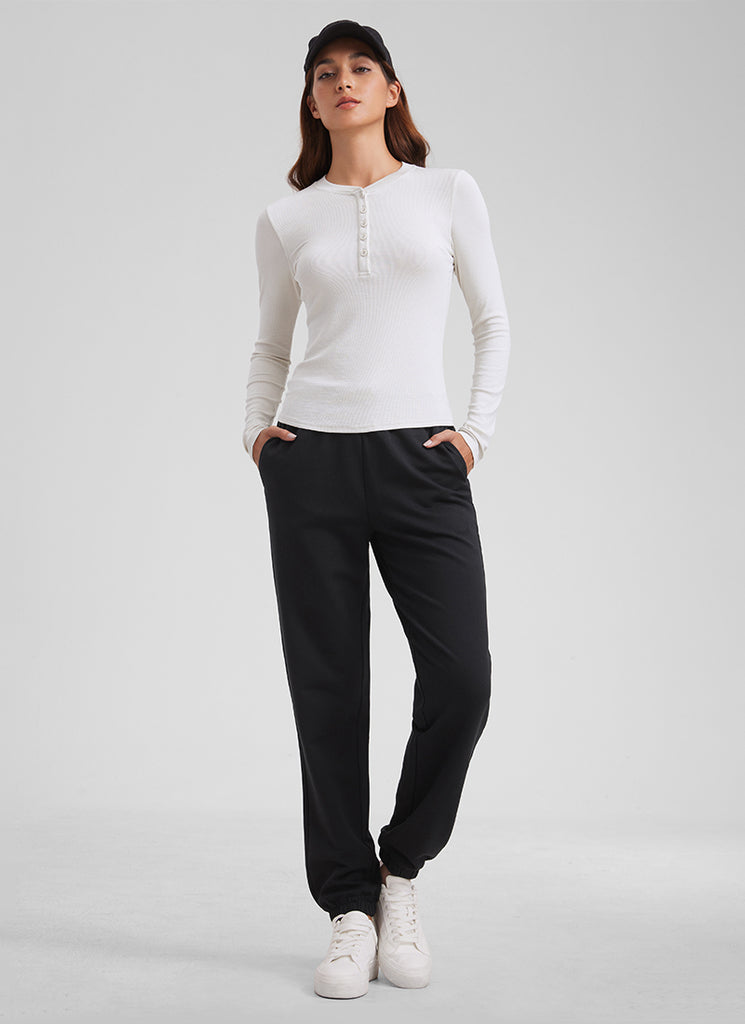 CRZ YOGA Womens Fitted Casual Ribbed Modal Henley Shirts Long Sleeves Milky White