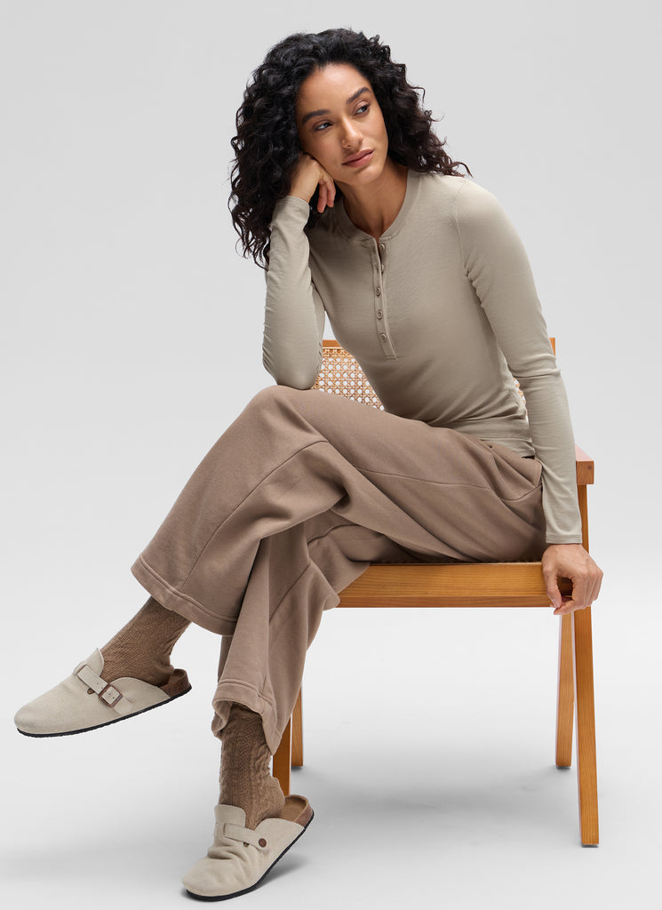 CRZ YOGA Womens Fitted Casual Ribbed Modal Henley Shirts Long Sleeves Milky White