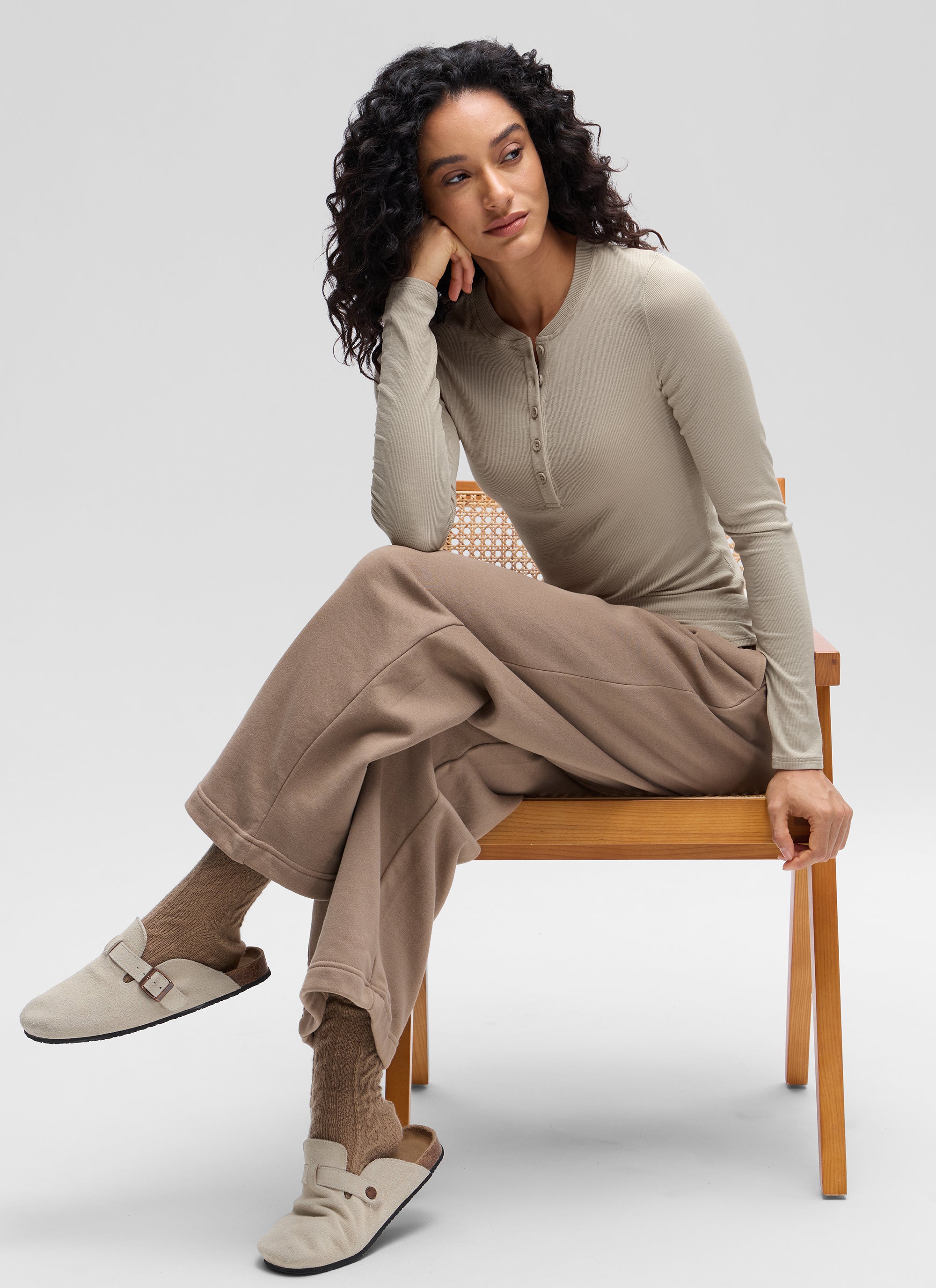 CRZ YOGA Womens Fitted Casual Ribbed Modal Henley Shirts Long Sleeves Mojave Tan