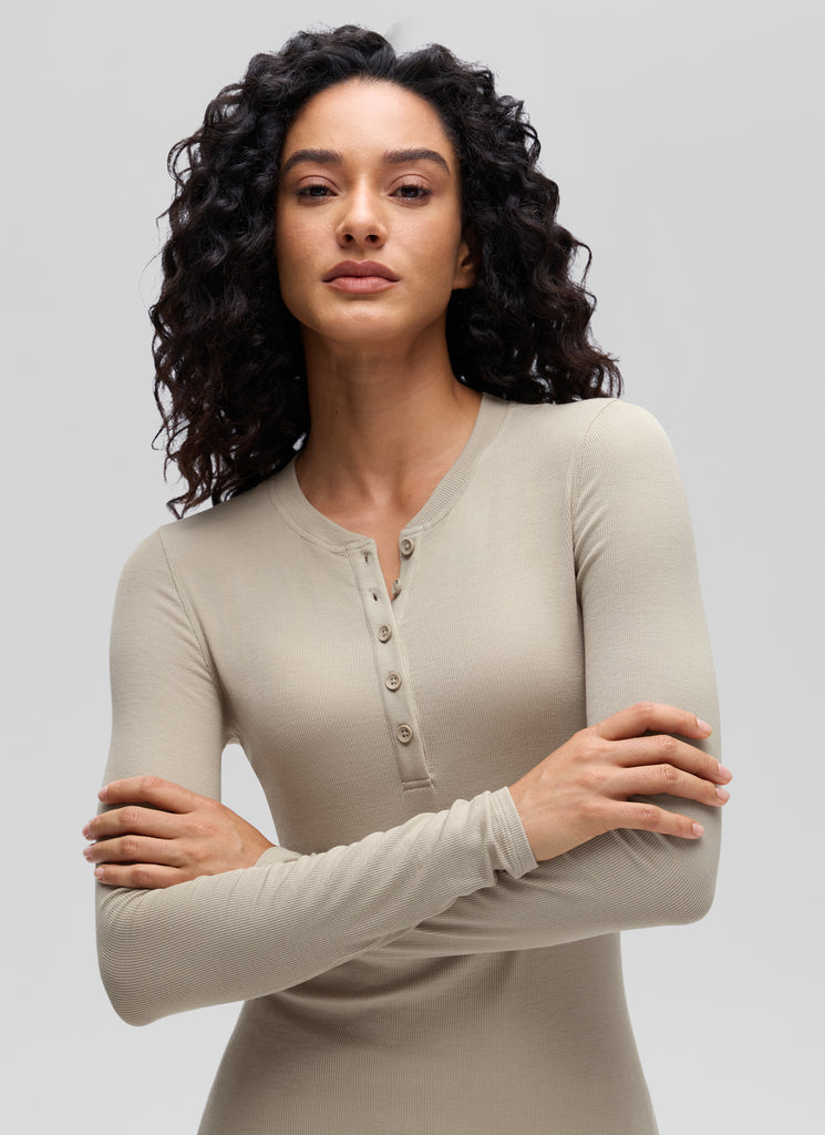 CRZ YOGA Womens Fitted Casual Ribbed Modal Henley Shirts Long Sleeves Milky White