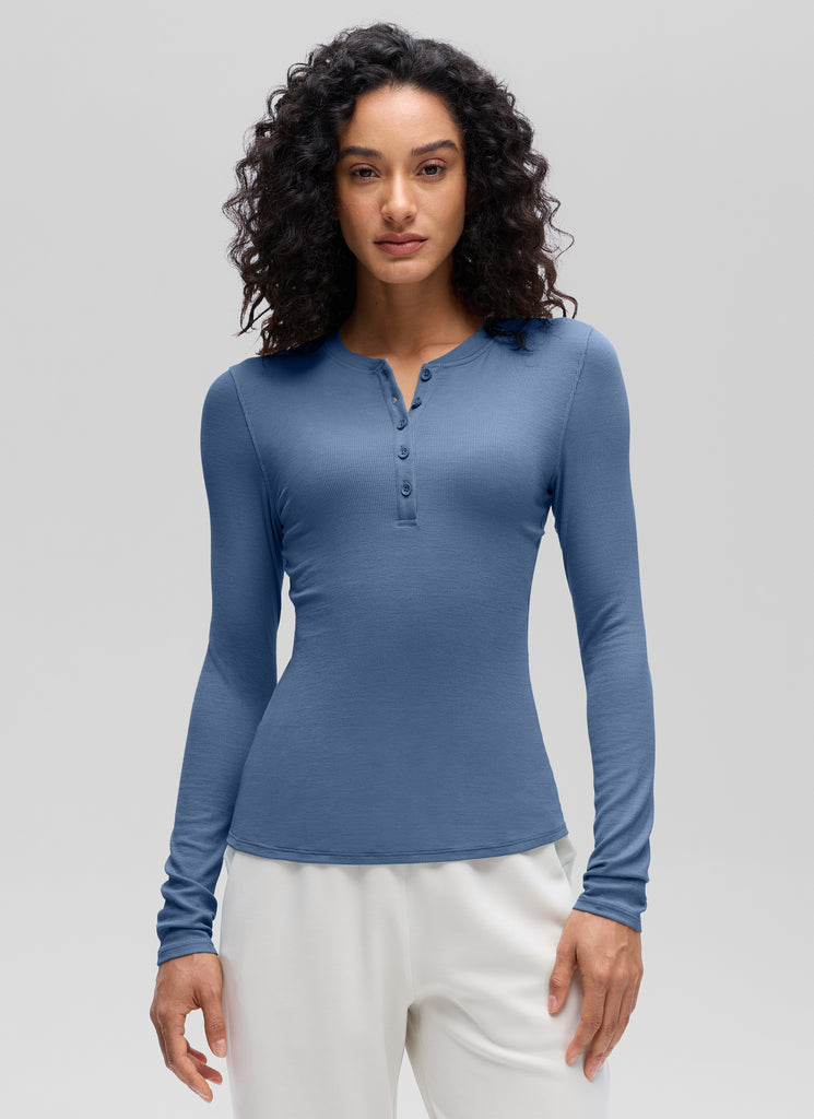 CRZ YOGA Womens Fitted Casual Ribbed Modal Henley Shirts Long Sleeves Milky White