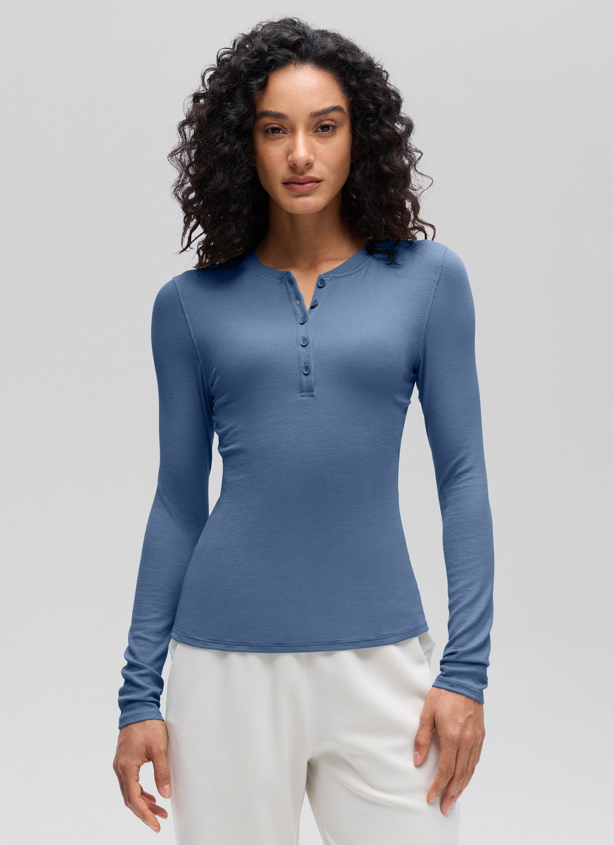 CRZ YOGA Womens Fitted Casual Ribbed Modal Henley Shirts Long Sleeves Oasis Blue