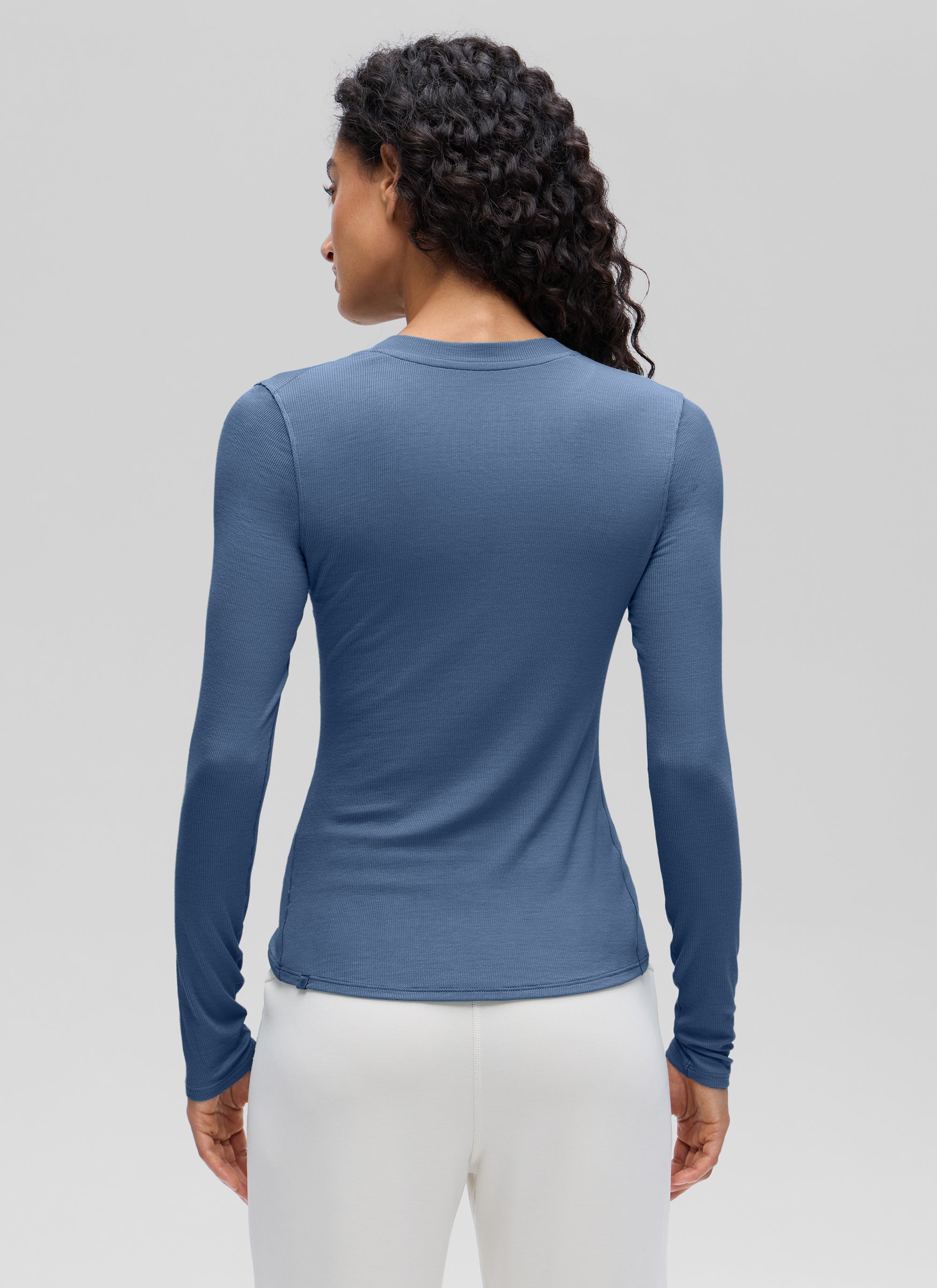 CRZ YOGA Womens Fitted Casual Ribbed Modal Henley Shirts Long Sleeves Oasis Blue