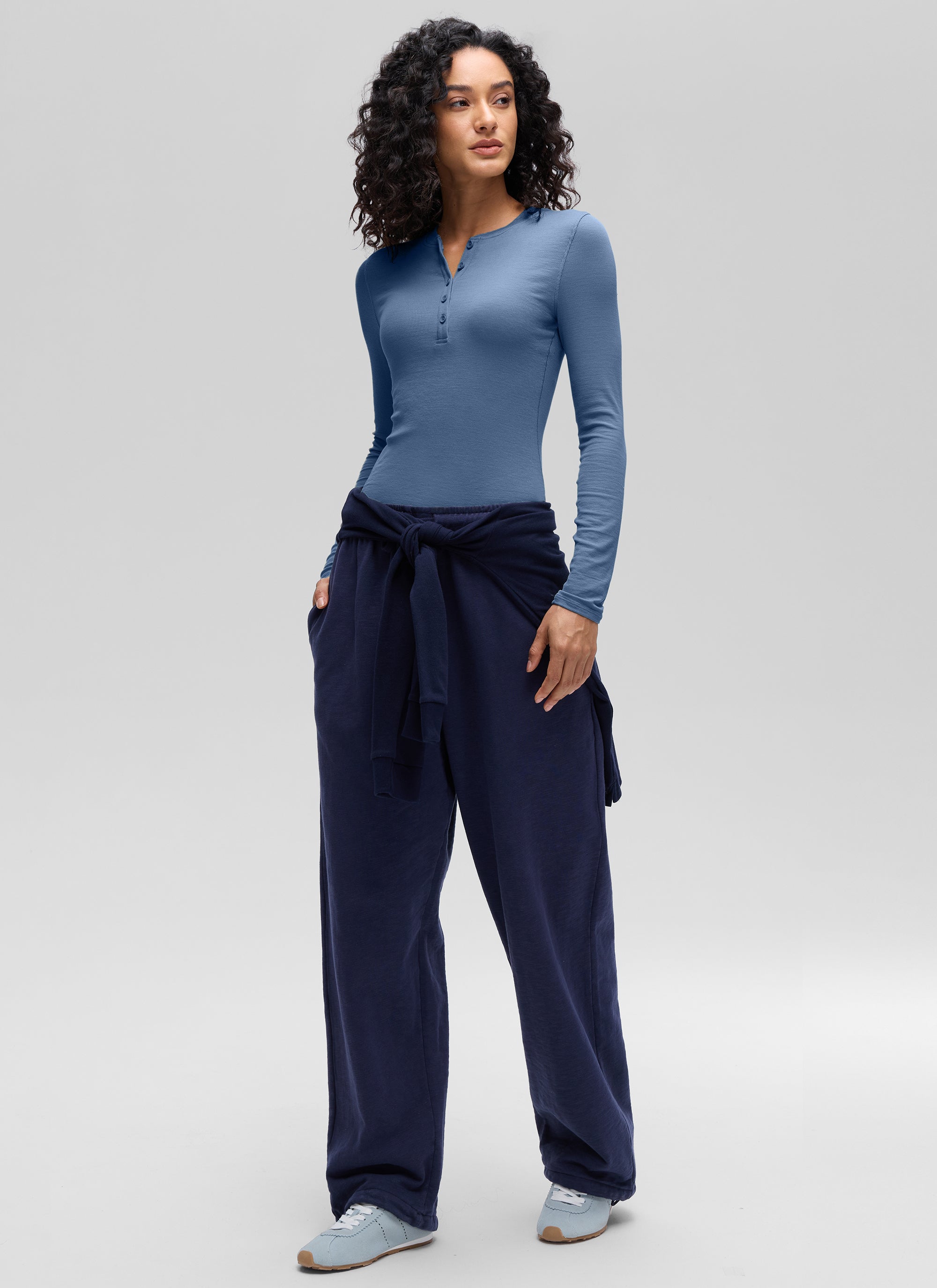 CRZ YOGA Womens Fitted Casual Ribbed Modal Henley Shirts Long Sleeves Oasis Blue