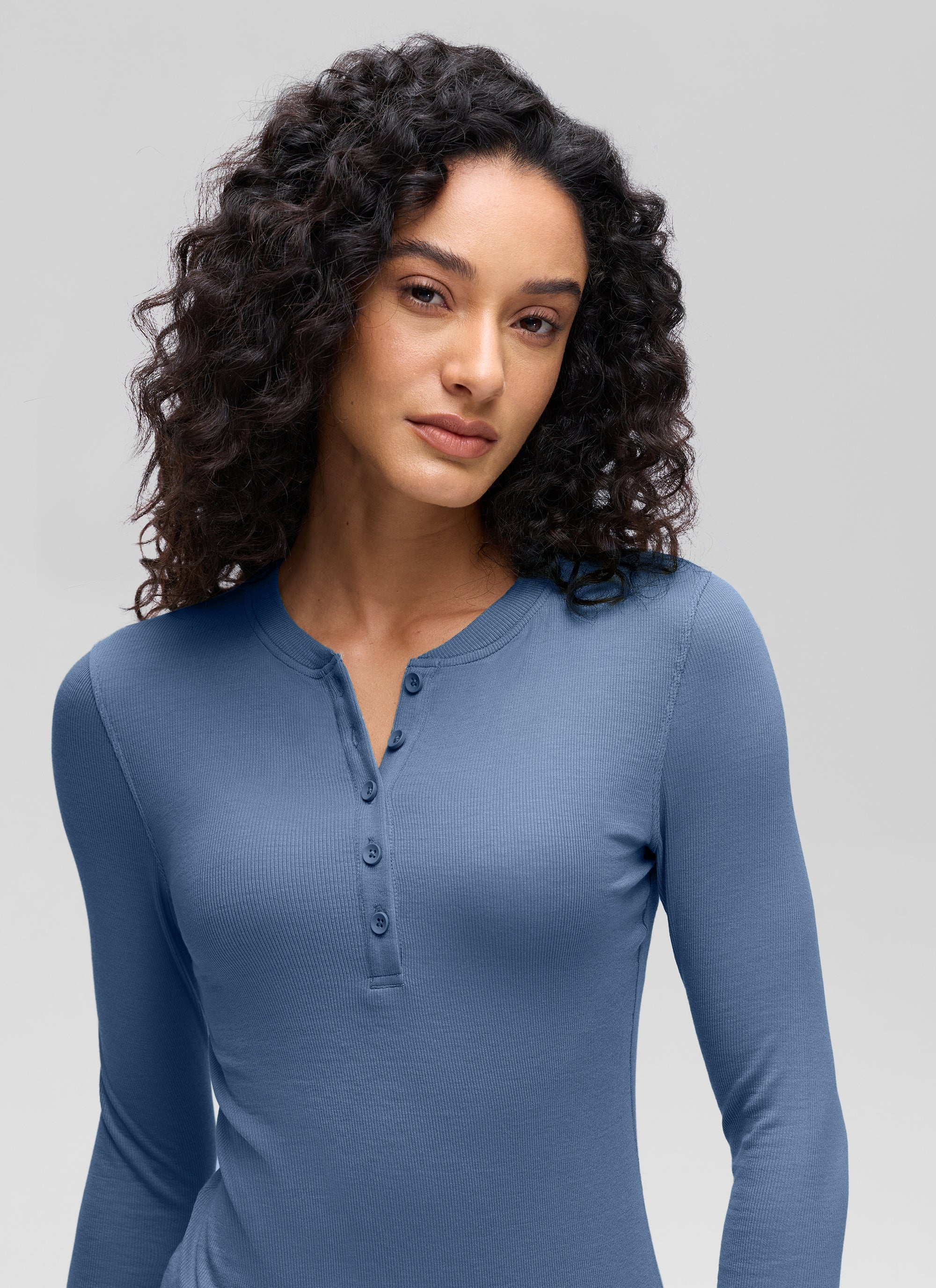 CRZ YOGA Womens Fitted Casual Ribbed Modal Henley Shirts Long Sleeves Oasis Blue
